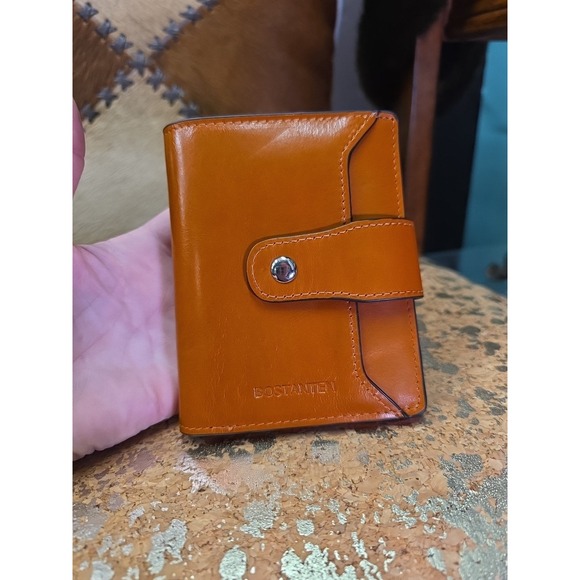 Bostanten Small Brown Leather Bifold Wallet Snap Closure Zip Pocket - Picture 2 of 10